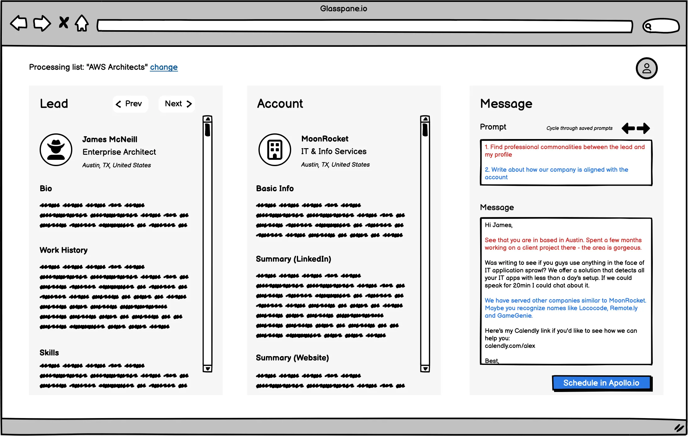 Wireframe for an AI cold email personalization tool